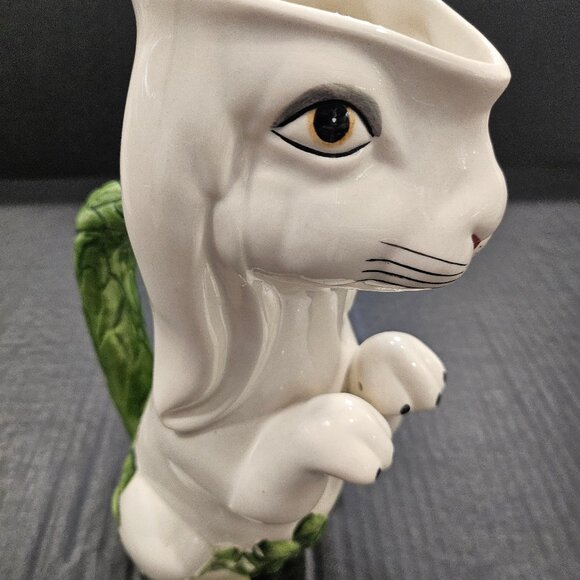 Tall Moltahedeh Rabbit Pitcher 1950s Portugal Hand Painted Bunny Green Leaf Hand - Picture 9 of 15